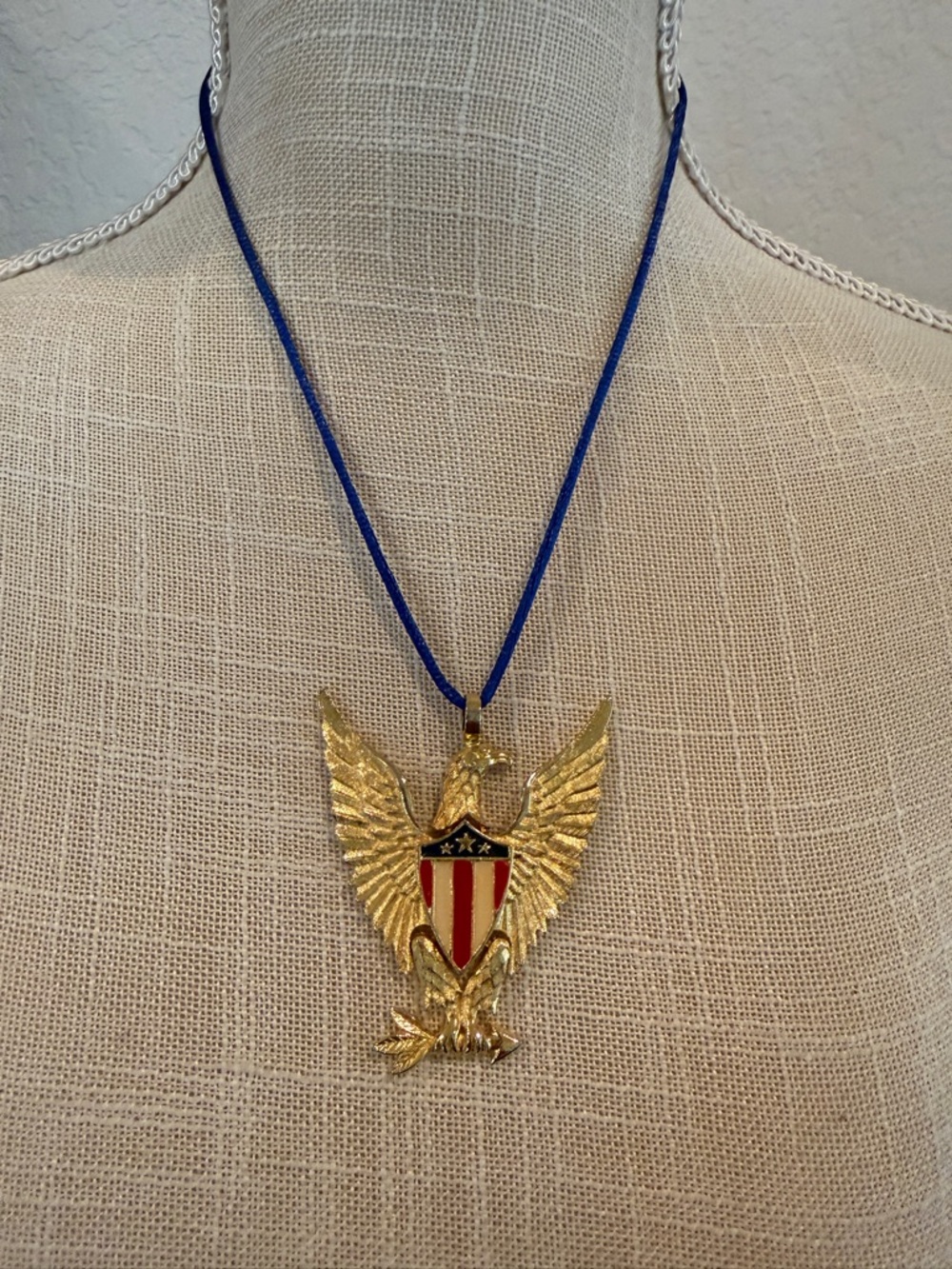 Vintage Articulated American Eagle Shield Pendant on Blue Cord Necklace